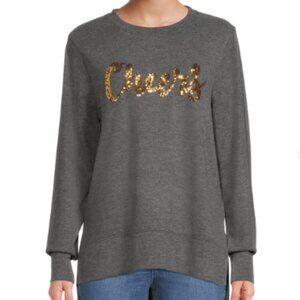Holiday New Years Cheers Tunic Top Dark Gray Gold Crewneck Long Sleeve Large